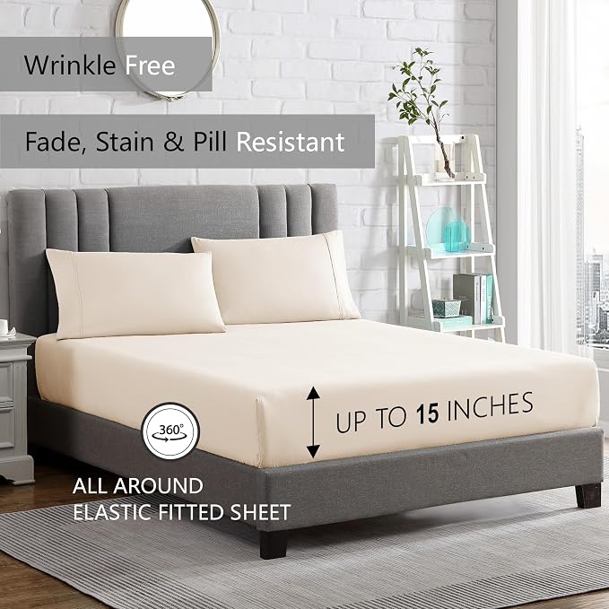 American Home Collection Queen Sheet Set - Ultra-Soft Microfiber 15-Inch Deep Pocket - Wrinkle Free and Fade Resistant (Ivory)