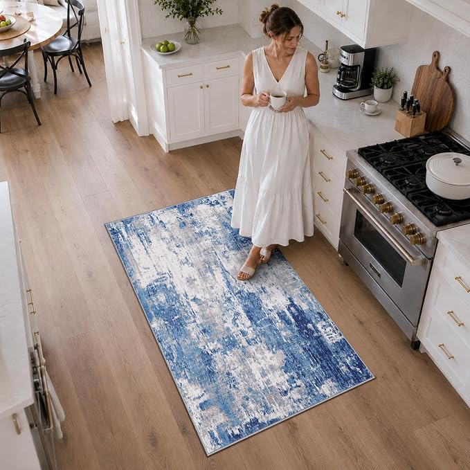 RELEANY Washable 3'x5' Abstract Area Rug for Living Room Blue Gray | Carpet for Bedroom, Kitchen, Office, Hallway and Entryway, Printed Pattern, Non‑Slip, Soft, Stain‑Resistant, Easy to Clean