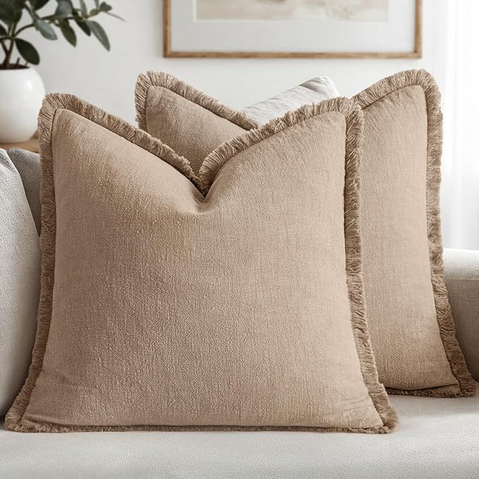 MIULEE Boho Linen Fringe Decorative Throw Pillow Covers Camel 20x20 | Set of 2, Cottagecore Decor, Boho Farmhouse Neutral Pillow Covers, Rustic Couch Cushion Cases for Sofa Bed Living Room