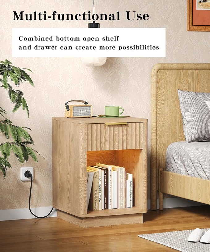 Akxomel Fluted Nightstand Set 2 Bedside Table with Charging Station Oak | Wooden Side Table with LED Light, Modern Mid Century End Table with Drawer, 15" D x 15.7" W x 22.6" H, for Bedroom