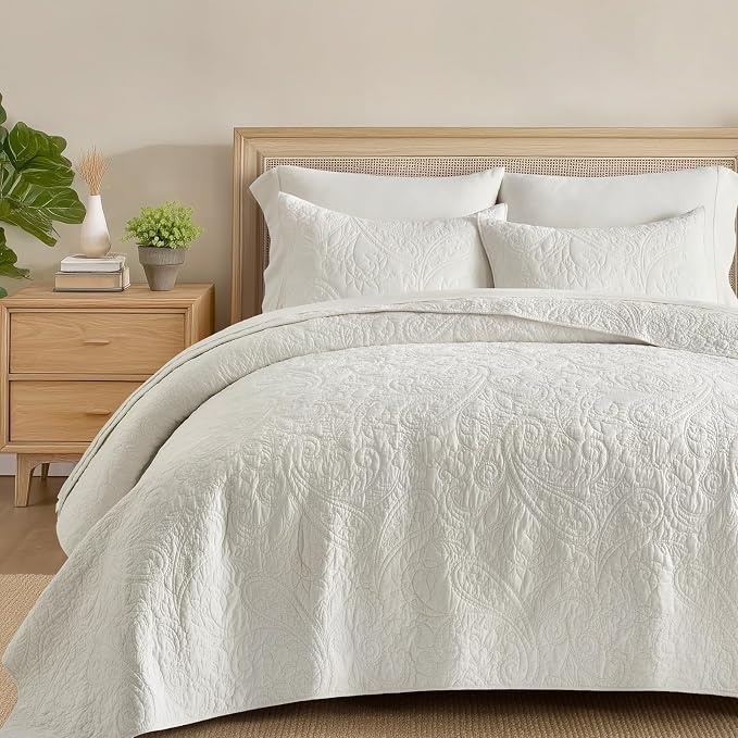 EVERGRACEHOME 100% Cotton Paisley Quilt Set, Queen Size, Bright White | Prewashed for Softness, Year-Round Breathability, Gift-Ready Box, Matelasse-style Quilted Coverlet, 3 Piece Set with 2 Shams