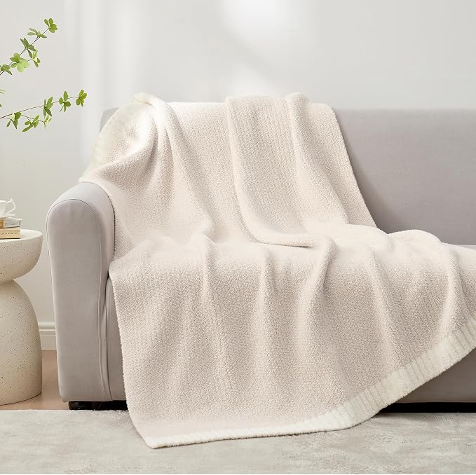 Snuggle Sac Buttery Ivory Throw Blanket for Couch, Reversible Super Soft Knitted Blankets, Warm Cozy Knit Fuzzy Plush Lightweight Throws Dupes for Sofa, Bed, Picnic, Ivory, 50 x 60 inches (Pack of 2)