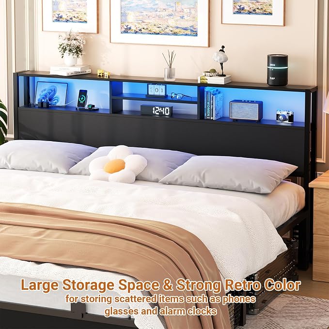 Aheaplus Headboard for King Size Bed with Storage, Headboards with Outlets | King Size Head Board Only, USB Ports and LED Light, Height Adjustable, Reversible, Sturdy and Stable Headboard, Black