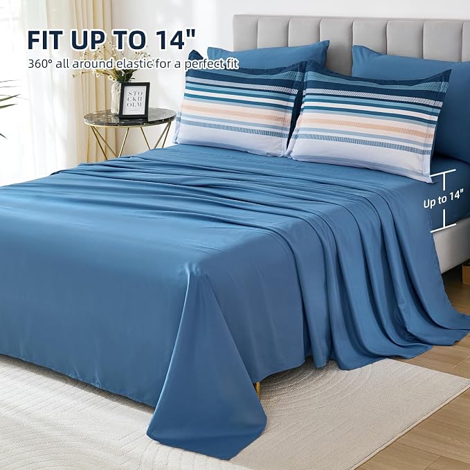 Dobuyly Blue Queen Comforter Set 7 Pieces, Boho Striped Bed in a Bag Queen Size Soft Microfiber All Season Bedding Set with Comforter, Sheets, Pillowcases & Shams