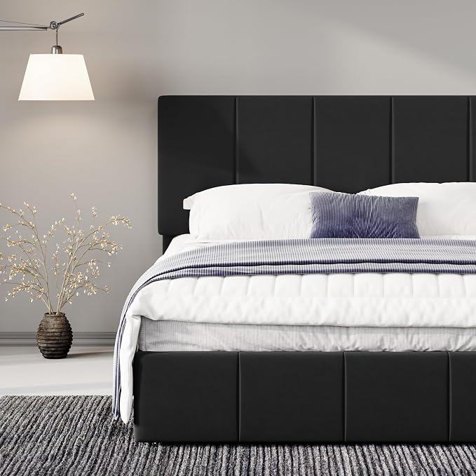 Allewie Full Size Dutch Velvet Upholstered Platform Bed Frame/Vertical Channel Tufted Adjustable Headboard/Low Profile Bed Frame/No Box Spring Needed/Easy Assembly/Black