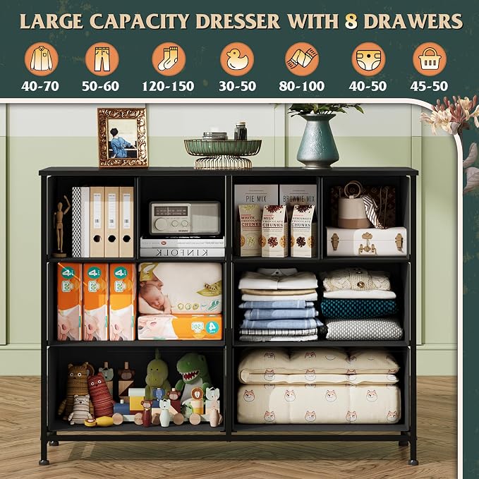 WLIVE Wide Dresser for Bedroom, 8 Drawer Chest of Drawers, Vintage Green | 8 roomy fabric drawers, Wide storage design, Bedroom or closet use, Sturdy steel frame, Smooth wood tabletop