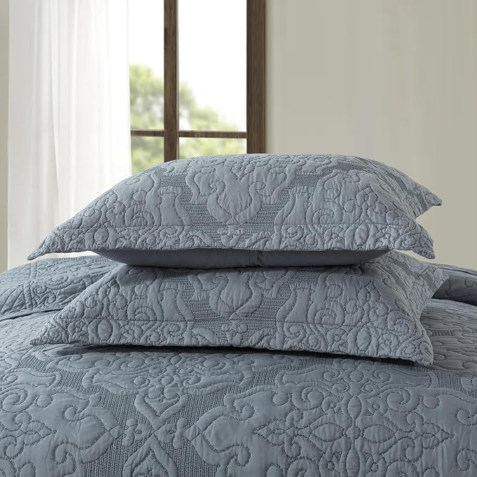 Reversible Quilt Bedspread Embroidered Microfiber Coverlet Set,Jacquard Embossed Floral,Grey, King Size