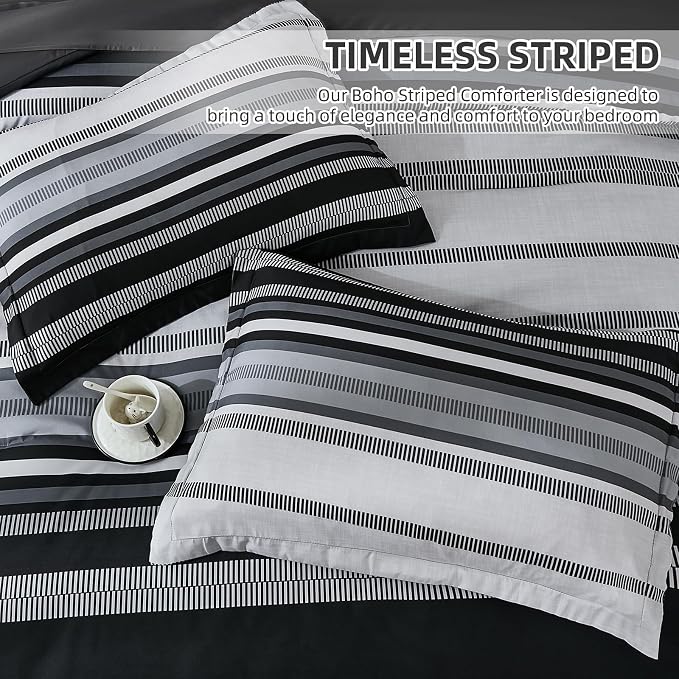 Dobuyly Black Comforter Full Size Set 7 Pieces, Boho Striped Grey Bed in a Bag Full Soft Microfiber Bedding Set for Mens with Comforter, Sheets, Pillowcases & Shams All Season