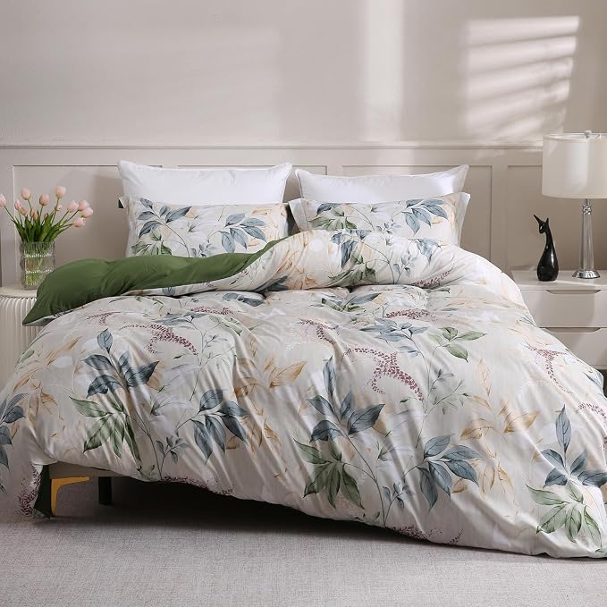 LONAVA King Botaincal 3 Pcs Duvet Cover Set, Breathable Soft Microfiber Forest Green Lining Comforter Cover with Zipper Closure, and 2 Anti-Pilling, Fade Resistant Pillowcases, Lavender