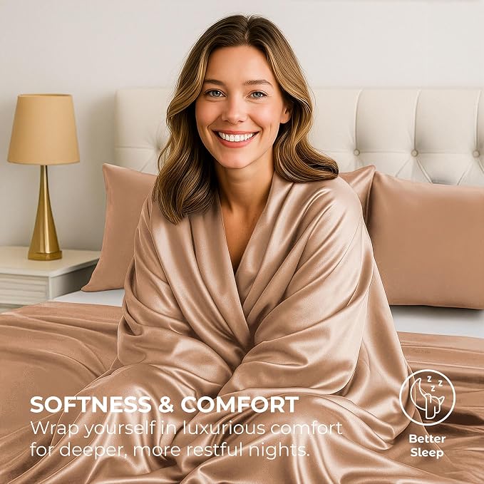 Satin Sheets King [4-Piece, Rose Gold] Hotel Luxury Silky Bed Sheets - Extra Soft 1800 Microfiber Sheet Set, Wrinkle, Fade, Stain Resistant - Deep Pocket Fitted Sheet, Flat Sheet, Pillow Cases