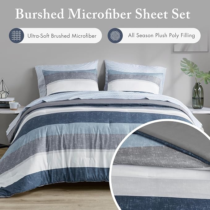 Madison Park Essentials Jaxon Bed in a Bag Comforter Set with Sheet, Printed Stripe Design, Modern All Season Bedding and Matching Sham, King Blue/Grey 7 Piece