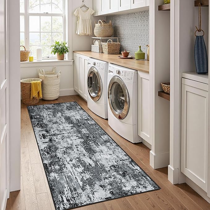 RELEANY Washable Runner 2'x8' Abstract Area Rug for Hallway Black White | Carpet for Kitchen, Entryway, Bathroom, Living Room, Bedroom, Printed Pattern, Non‑Slip, Soft, Stain‑Resistant, Easy to Clean