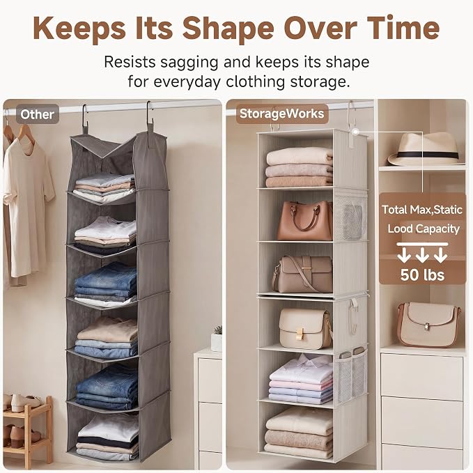 StorageWorks Hanging Closet Organizer, 6-Shelf with 2-in-1 Design, Ivory | Maximize Closet Space with Reinforced Shelves, Small Closet Storage Solution for Bedrooms, Dorms and RVs