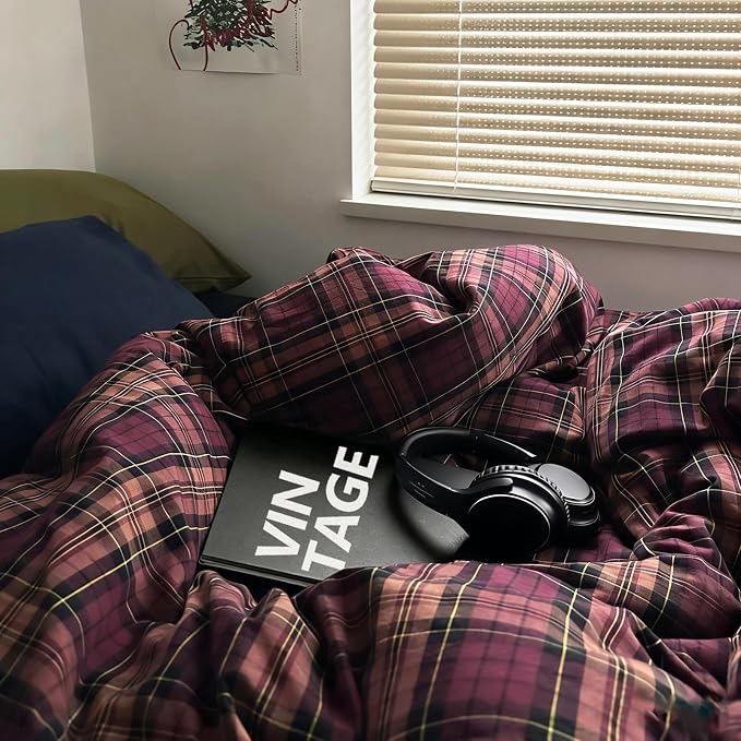 mixinni Vintage Burgundy Buffalo Plaid Comforter Cover Set Queen Size - 3 Piece Mid-Century Modern Washed Cotton Bedding, Soft Breathable Grid Duvet Cover with Matching Pillowcases for All-Season