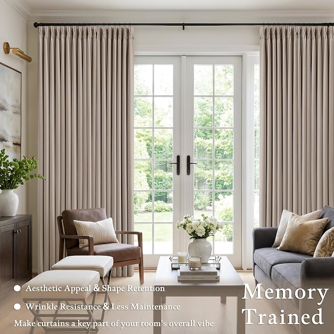 60 Inch Extra Wide 100% Blackout 90 Inch Curtains 1 Panel, Burlywood Birch | Pinch Pleated Memory Trained, Thick Linen with Liner, Thermal Noise Reducing Light Blocking, Windows Curtain Drapes W60xL84