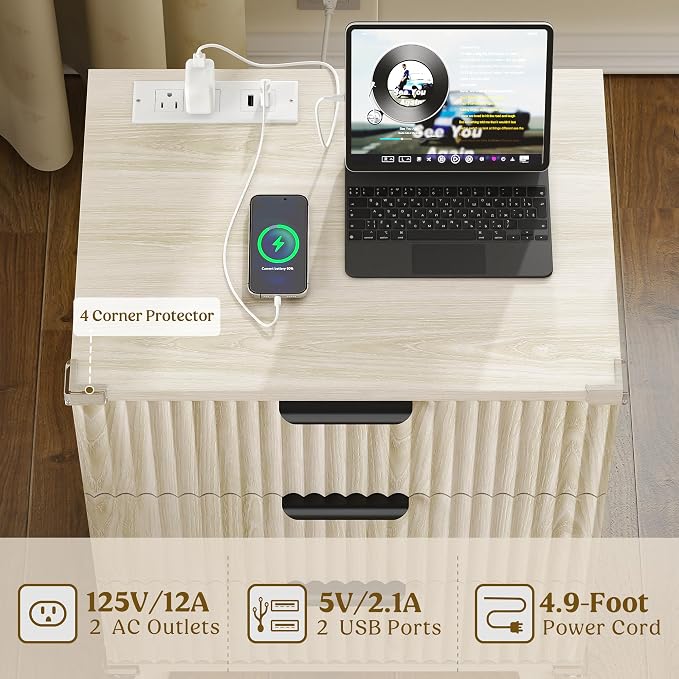 Lulive Wood Bedside Table w/Charging Station, 3 Drawers Fluted Dresser | Grey White, Large Drawers, Metal Silent Rails, FSC Wooden, Sturdy Legs, Modern Fluted Panel, Living Room, Bedside Table