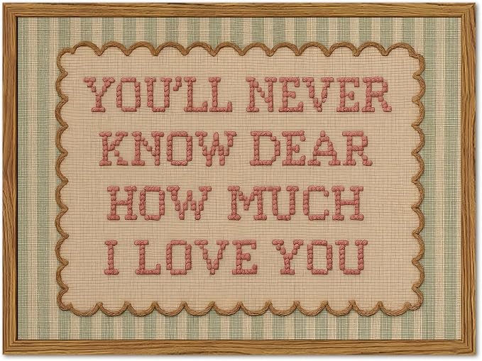Framed You'll Never Know Dear How Much I Love You Wall Art, Vintage Nursery Pink Green Striped Pictures Wall Decor, Inspirational Quote Paintings Canvas Prints for Girl Bedroom Living Room 12x16 inch
