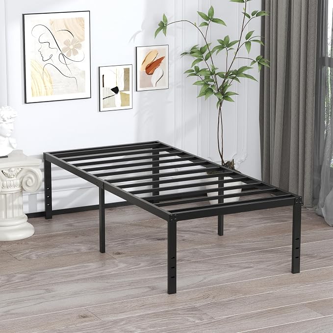 EMODA 20 Inch Twin Bed Frame No Box Spring Needed | Heavy Duty Tall Metal Twin Platform Bed Frames with Large Storage Space, Noise Free, Easy Assembly, Black