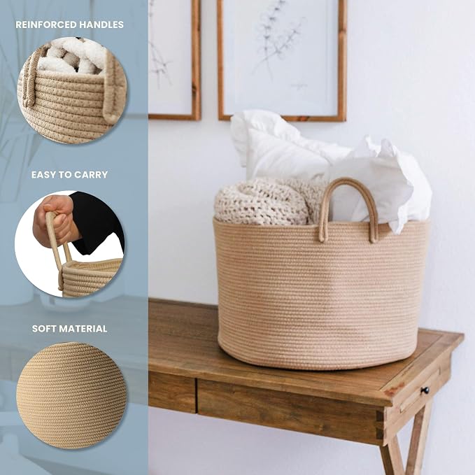 OrganiHaus Round Toy Basket & Blanket Basket, Cotton Rope 20x13" | Full Honey - Round Cotton Rope Basket, 20x13"