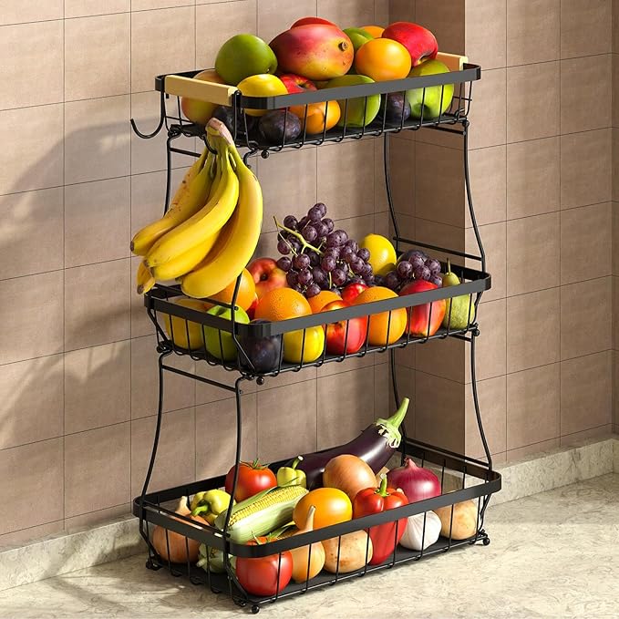 Sevenblue 3-Tier Fruit Basket with Banana Hangers, Detachable Metal Bowl | Wooden handle, protective mats included. Versatile holder for bread, snacks, and veggies. Large 3 tier metal design.