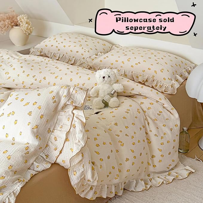 Cute Yellow Duck Print Duvet Cover Twin for Kids Toddler Girls Boys 100% Cotton Muslin Quilt Cover Twin, 68"x86", Ruffled Bedding Soft Breathable, Zipper Closure, No Pillowcase