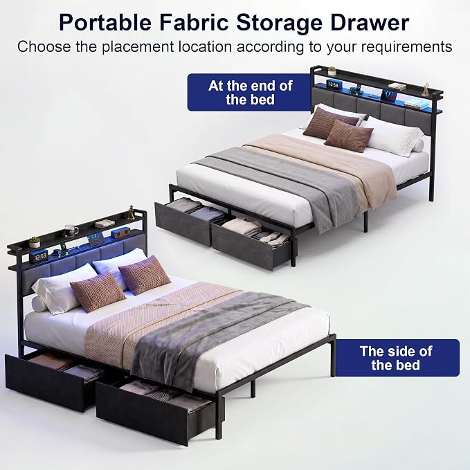 Queen Bed Frame with 2 Storage Drawers, Platform Bed with LED Lights & Charging Station, Upholstered Headboard with 2-Tier Shelves, Heavy Duty Metal Sltats, No Box Spring Needed, Noise Free