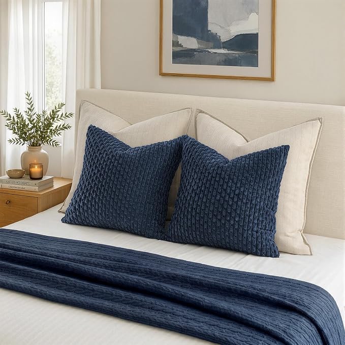 MIULEE Decorative Throw Pillow Covers 18x18 Navy Blue Textured Corduroy | Pack of 2 Striped Pillow Covers Modern Farmhouse Coastal Home Decor for Couch Bed Sofa Living Room