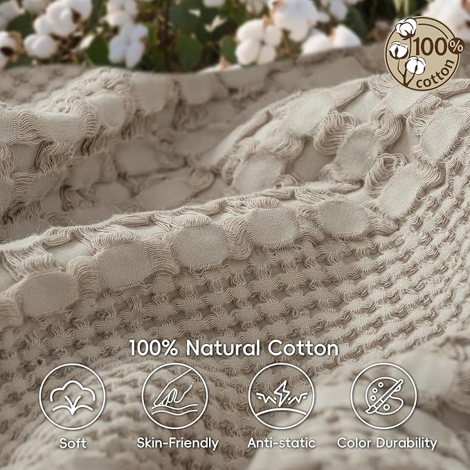 PHF Lightweight 100% Cotton Waffle Blanket for Bed, Queen, Pearl Gray | Pre-Washed Soft Cotton Comfort, Breathable Layering Warmth for Fall & Winter, Bed, Sofa, Couch, Home Decor & Gifts