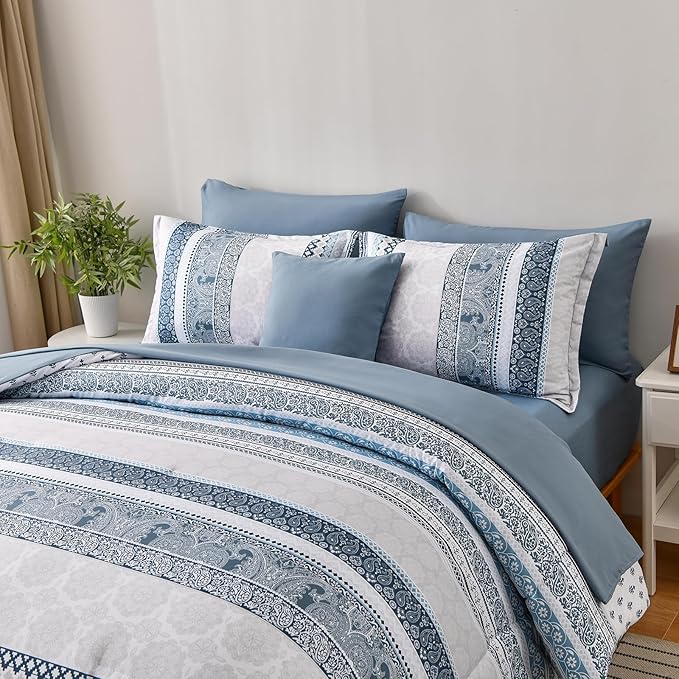 Cottolester Boho Comforter Set Full Size Light Blue Comforter Set 8 Piece Bed in a Bag Striped Paisley Bedding Sets