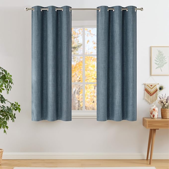 NICETOWN Short Faux Linen Mist Blue Blackout Curtains 63 inches Long | For Kitchen, Privacy Panels, For Living Room, Modern Style, Easy Care, Grommet Top, 2 Panels, W42 by L63