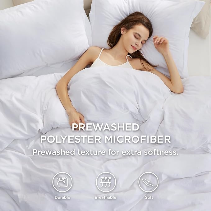 Bedsure Prewashed Duvet Cover King with Fitted Sheet, 4Pcs, Bright White | 4-Piece Set, 15-Inch Deep Pocket, Ultra Soft, Relaxed Texture, Breathable, Zipper Closure, 8 Corner Ties, Easy Care