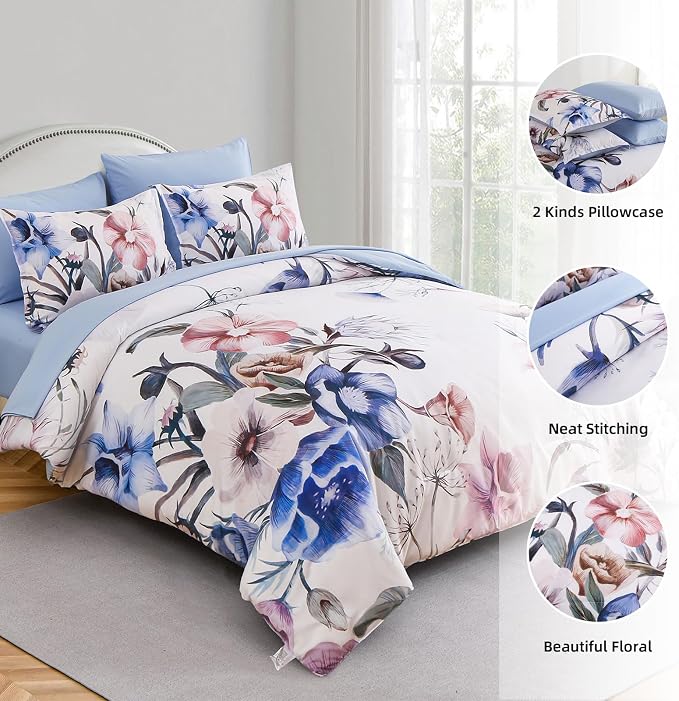 Floral Comforter Set King Size 7 Piece, Blue Flower Bed in a Bag, Elegant Floral Comforter with Sheet Set, Soft Microfiber Bedding Set for All Season (Blue, 104"x90")