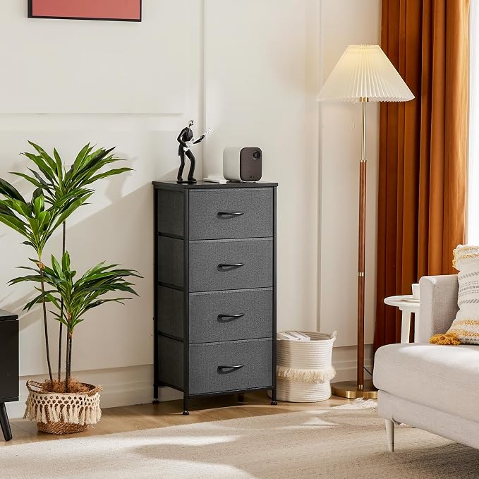 DUMOS Nightstand, Bedside Table with 4 Fabric Drawers | Night Stand with Removable Bins, Steel Frame Wood Top, Small Dresser for Bedroom Closet
