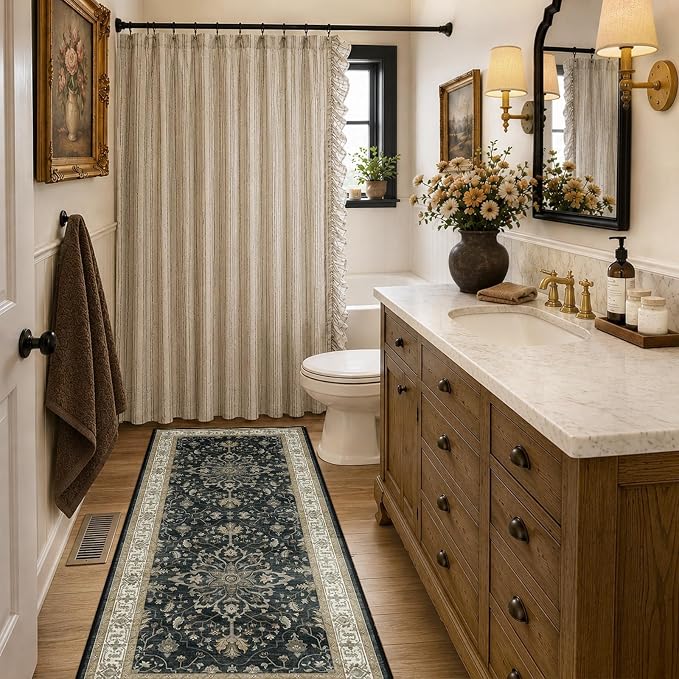 RELEANY Washable Area Rug, Runner 2'x6', Black/Vintage/Beige | Non-Slip, Water Repellent, Pet Friendly, Easy to Clean, Vintage Floral Boho Decor for Kitchen Entry Bedroom Bedside Laundry