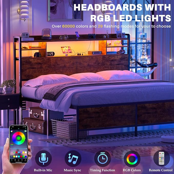Aheaplus Headboard for Queen Size Bedwith Storage and Outlets, Rustic Brown | Headboards with LED Light, Power Outlets, USB Ports Queen Size Head Board, Wood headboard Only Sturdy and Stable Headboards