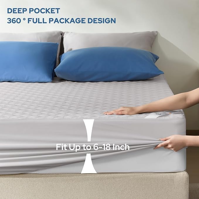 BEDLORE Waterproof Queen Size Mattress Protector, Deep Pocket Fit, Washable | Soft Noiseless Breathable Bed Mattress Cover Pad, Fits 6-18 Inch Deep Mattresses, Ideal for Home, Bedroom, Hotel, Light Gray