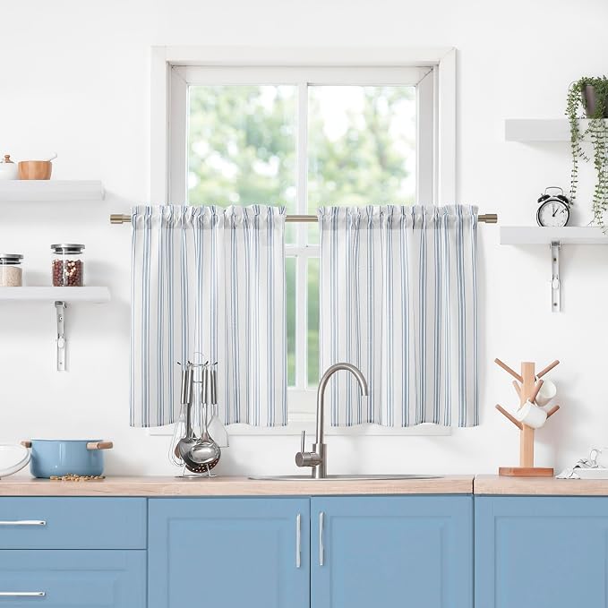 ZJDECOR Blue Stripe Cotton Blend Semi Sheer Tier Curtain Tiers,27" Wx30 Lx2 | Kitchen Curtains,Light Filtering,Rod Pocket,78%Polyester、22%Cotton,Cottage Farmhouse Style,Bathroom RV Window Treatment