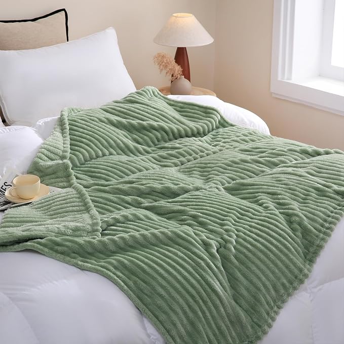 Sage Green Fleece Throw Blanket 50”×60” for Couch Sofa Livingroom | Super Soft Cozy Plush Microfiber Flannel Bed Blanket Striped Design Lightweight Home Decor Gifts for Adults Mom Women