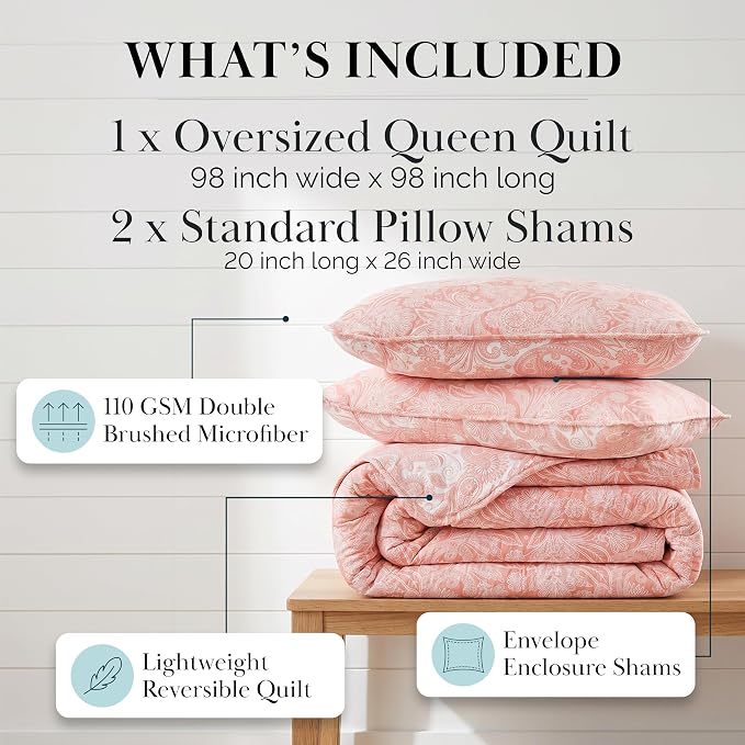 Southshore Fine Living, Inc. Paisley Quilt Queen Size Bedding Set, Summer Coverlet, Boho Bedspread, 3-Piece Farmhouse Bedding with Two Matching Pillow Shams, Full/Queen Bed Set, Reversible Coral