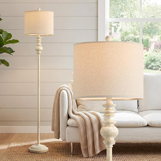 BOBOMOMO 64.25" Farmhouse Floor Lamp for Living Room, Tall Antique White Standing Lamp with Gold Accents, Rotary Switch Reading Lamp for Bedroom & Nursery, Classic Home Decor Corner Lamp