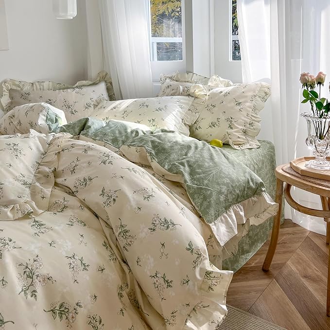 mixinni Reversible Sage Green Floral Duvet Cover Set Queen Size - 100% Cotton Cute Botanical Patterns Bedding Set with Ruffle Lace, 3PCs Beige Soft Aesthetic Cottagecore Style Duvet Cover for Girls