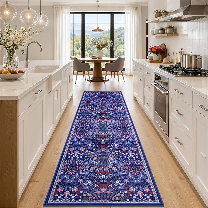 PLHXFR 3x10 Washable Runner Rug：Floral Indoor Kitchen Soft Carpet Blue | For Hallway Bedroom Kitchen Laundry Bathroom Dorm,Vintage Floral,Machine washable,Non Slip,Stain Resistant,Indoor Floor