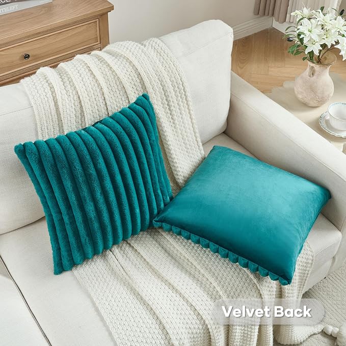 FUTEI Pack of 2 Faux Fur Throw Pillow Covers 20x20 Inch, Teal | Fluffy Faux Rabbit Fur Front/Premium Velvet Back,Hidden Zipper,Machine Washable,Non-Shedding,Colorfast,Insert Not Included.