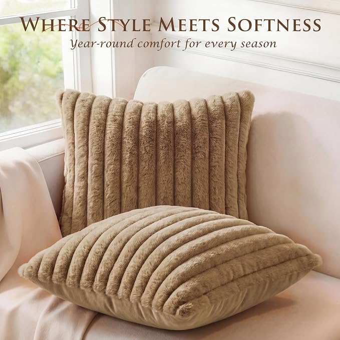 Pack of 2 Throw Pillow Covers 18x18 Decorative Solid Plush Faux Fur with Soft Velvet Back, Square Striped Cushion Cases Modern Farmhouse Home Decor for Living Room Couch Sofa Bed Khaki