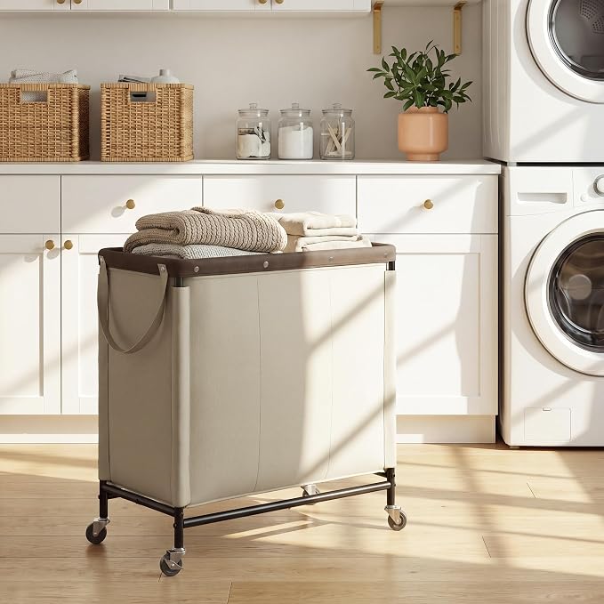 StorageWorks 2 Section Laundry Hamper, 120L Tan Sorter Cart with Wheels | 3 Section Laundry Hamper with Wheels, Tan Sorter Cart, Rolling Organizer for Bedroom, Bathroom, Apartment