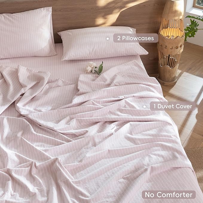 MooMee Striped Duvet Cover Set 100% Washed Cotton Linen Like Queen | Relaxed Linen-like Texture. Soft, Breathable & Long-lasting Comfort. Lightweight. Hidden Zipper with 8 Interior Corner Ties