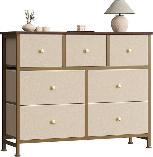 Sweetcrispy 7 Drawer Dresser for Bedroom Storage with Fabric Bins, Khaki | Anti-Tip Closet Organizer, Wooden Top and Sturdy Steel Frame, Spacious Drawers for Clothes Storage, Hallway Entryway