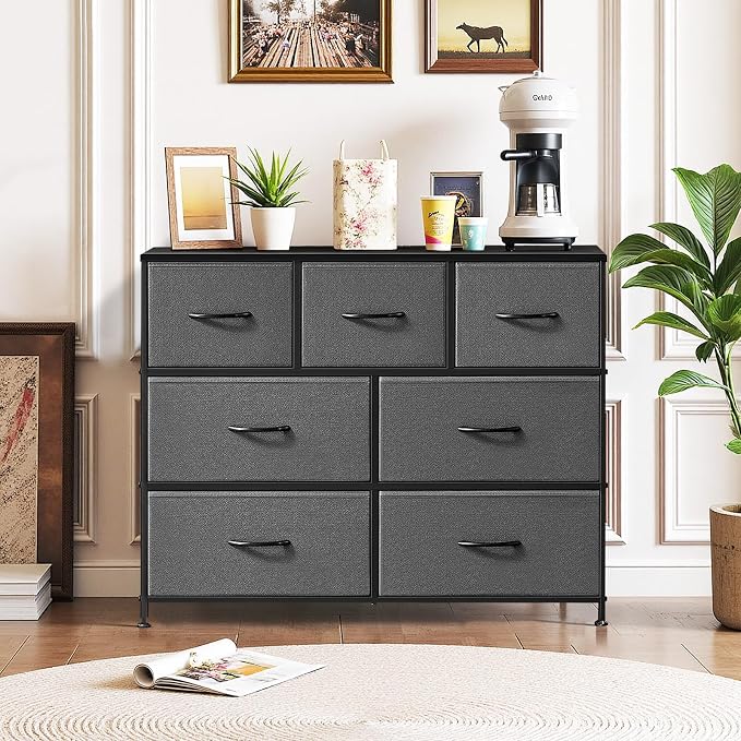 7-Drawer Dresser for Bedroom, Anti-Tip Wide Storage Organizer Fabric | Chest of Drawers TV Stand for 45" TV with Wooden Top and Metal Frame for Closet, Living Room, Hallway, Entryway, Gray