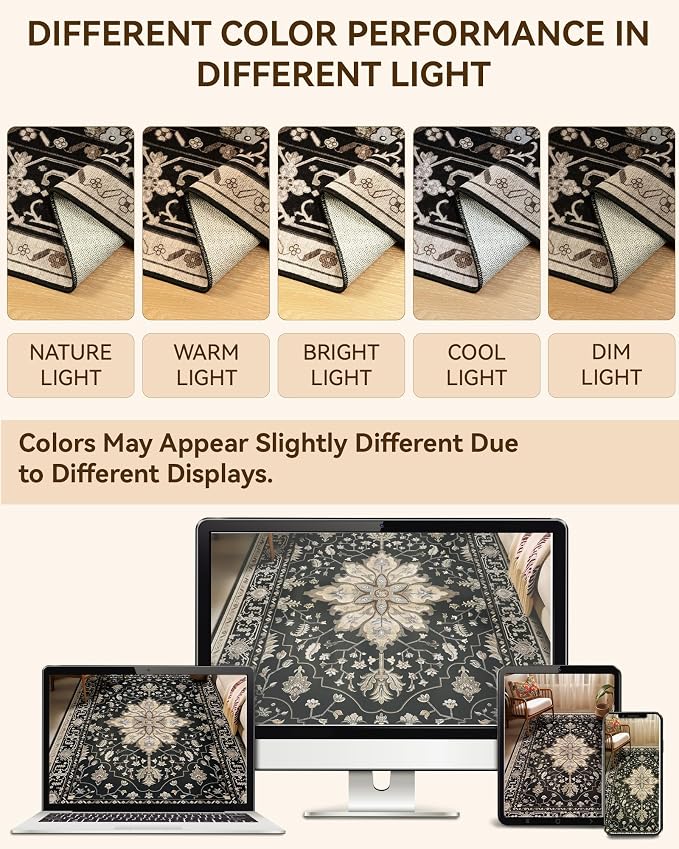 RELEANY Washable Area Rug, Runner 2'x8', Black/Neutral | Non-Slip, Water Repellent, Pet Friendly, Easy to Clean, Vintage Floral Boho Decor for Kitchen Hallway Bedroom Laundry