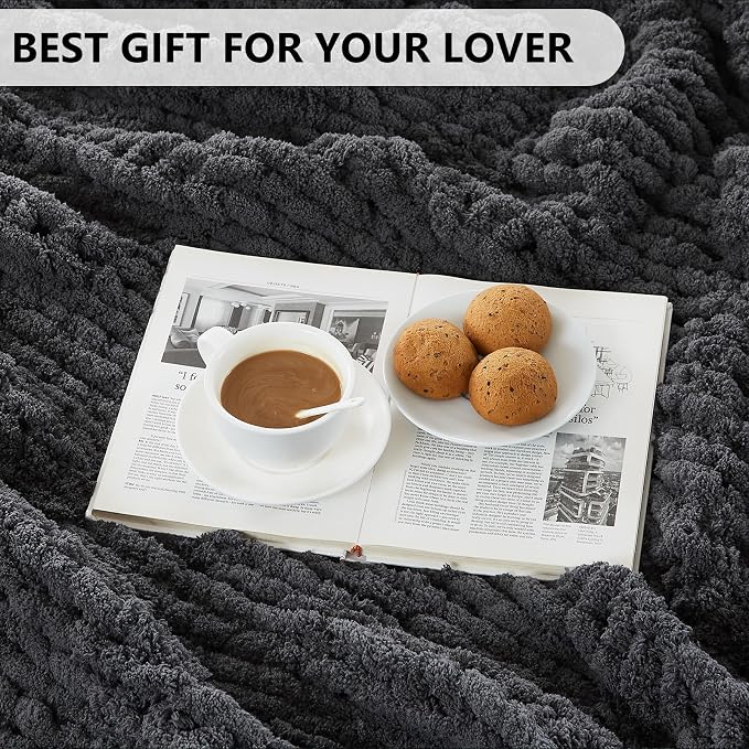 L'AGRATY Chunky Knit Throw Blanket for Couch, 50 x 60 Inches, Dark Grey | Handmade Chenille Crochet Blanket for Sofa Bed, Thick Cable Knitted Blankets for Room Home Decor, Birthday Gift for Women Mom